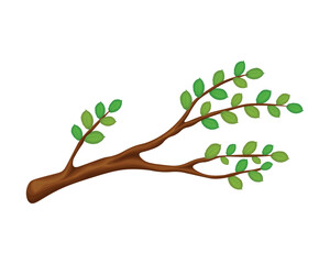 A tree branch with leaves. The elm tree. A tree branch with green leaves in a cartoon style. The vector illustration is isolated on a white background