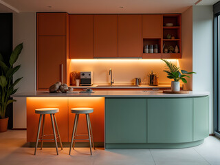 Interior with unusual design. Living room, kitchen, bathroom