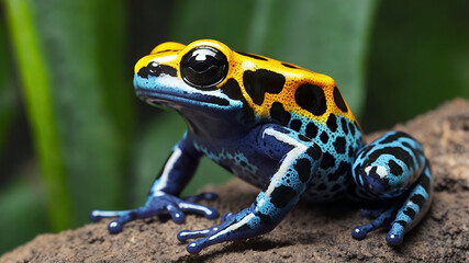 Fototapeta premium Amazonian poisonous dart frog. Blue yellow frog with black spots sitting on stone, 