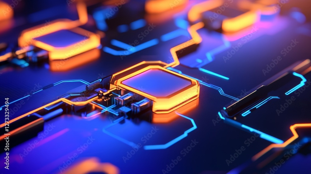 Poster abstract close-up of a futuristic circuit board with glowing elements and vibrant color
