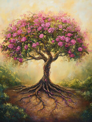 oil painting where oils are soft and blended, tree of life, visible roots reaching down, with pink floral decay, pink foliage, green, dark pink and gold palette