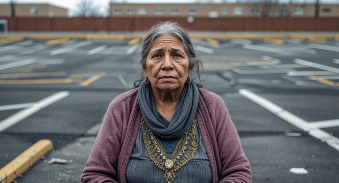 Homeless mature Hispanic woman in a vacant parking lot background portrait facing forward