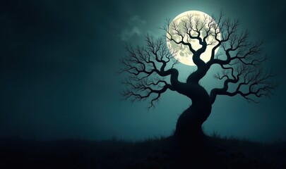 A hauntingly beautiful silhouette of a twisted tree under a full moon, evoking feelings of mystery and nature’s beauty.
