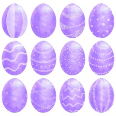 Different purple set of easter eggs, isolated on white background	
