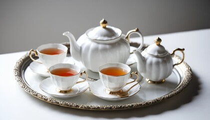Fototapeta premium A beautifully arranged white tea set on a silver tray, featuring tea pot and matching cups, perfect for depicting tea time, hospitality, or fine dining.