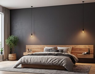 Modern bedroom interior with empty blank wall for mockup template display. 3D Rendering