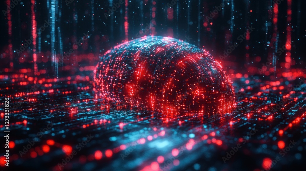 Poster red glowing sphere digital data stream background