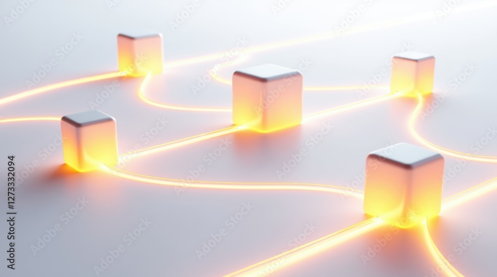 Poster abstract representation of interconnected glowing cubes on a light surface, symbolizing technology, 