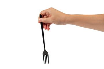 Hand and metal black fork on transparent background