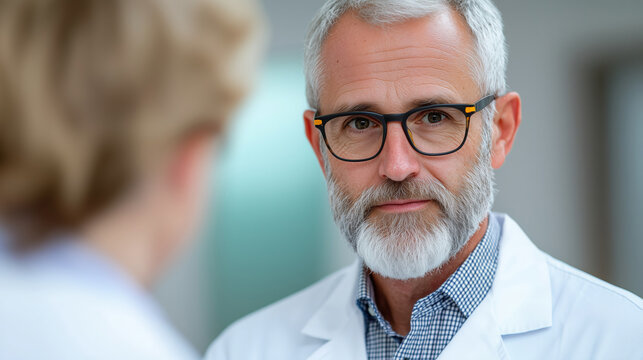 Confident senior doctor with professional expression, wearing glasses and lab coat, healthcare expert in a hospital setting -Generative AI - Powered by Adobe