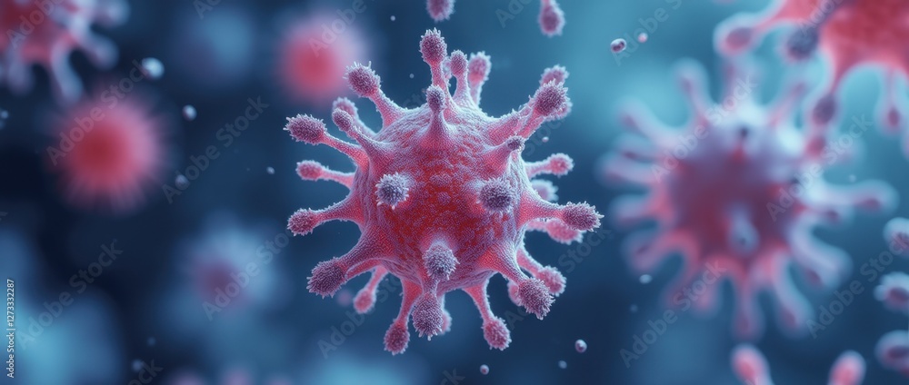 Poster a close-up view of a virus, showcasing its structure with spikes, set against a softly blurred blue 