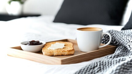 Cozy morning with a wooden tray featuring toast, jam, and coffee on soft bedding