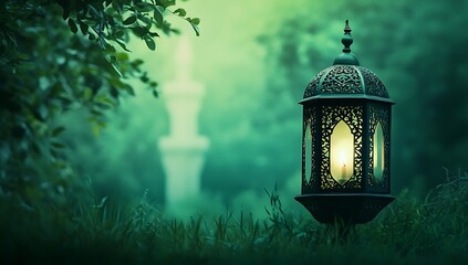 A beautiful, ornate lantern, casting a warm glow, sits amidst a lush, green garden.