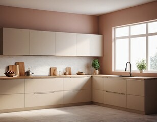 Fototapeta premium Modern Kitchen interior with empty blank wall for mockup template display. 3D Rendering