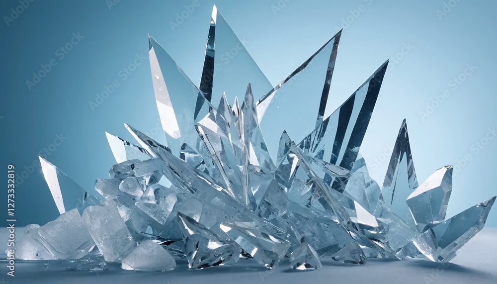 Poster sparkling crystal cluster on blue. elegant shards. light and shadow dance. gemstone beauty. science.