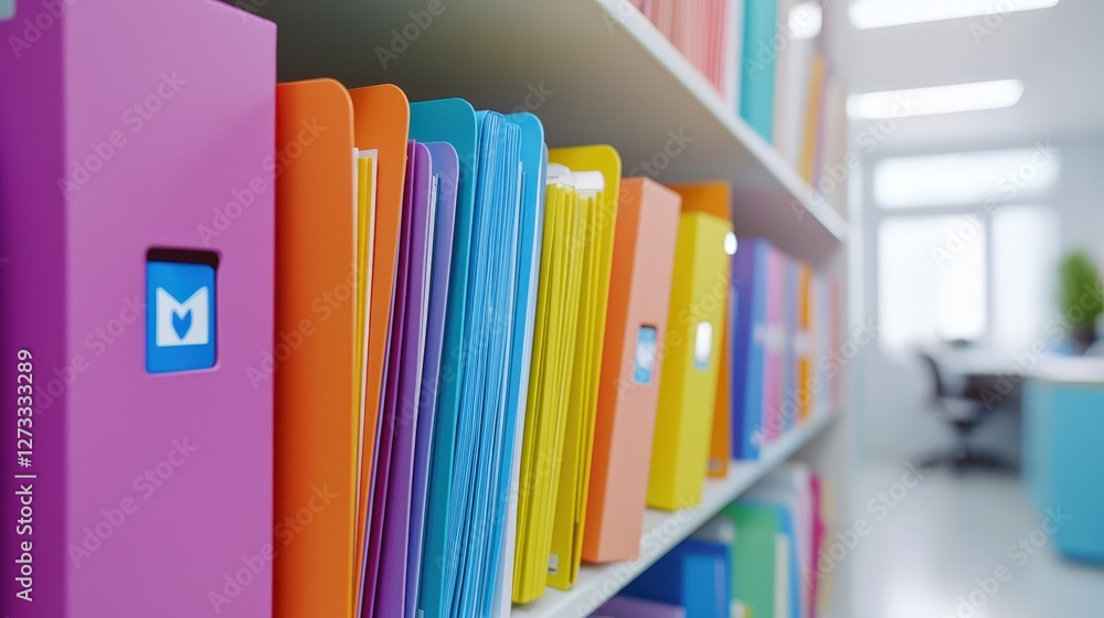 Aufkleber a colorful collection of file folders neatly arranged on a shelf in a bright and modern office setti