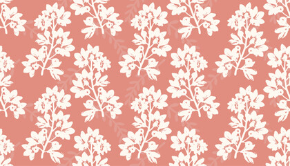 Tropic summer painting seamless pattern with exotic flower branch silhouette. Trendy exotic flower wallpaper on an orange background. Design for texture, fabric, clothing, wrapping, decoration