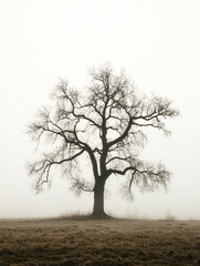 Einzelner Baum ohne Bl&auml;tter im Winter, Dunst, Nebel, Generative AI