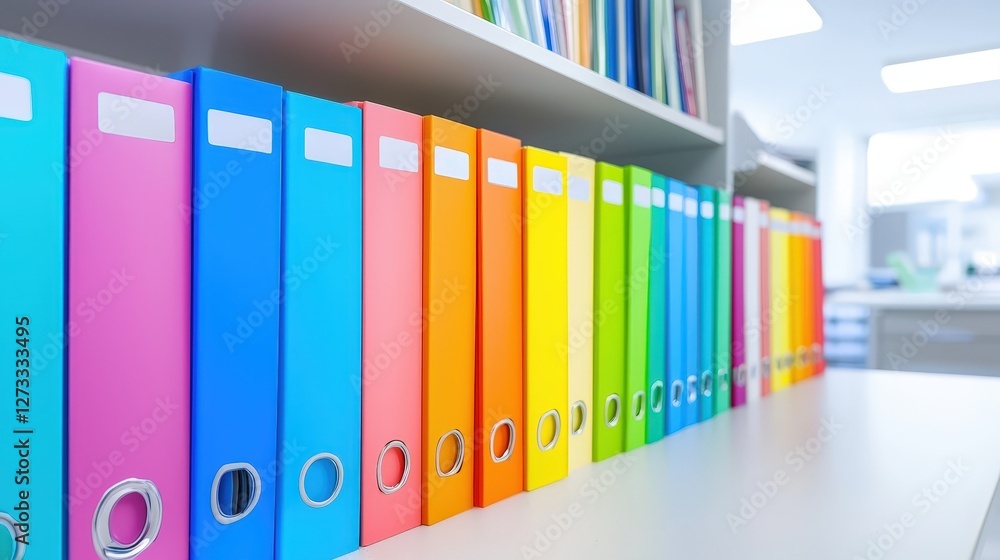 Poster a row of colorful file folders arranged neatly on a shelf, creating a vibrant and organized workspac