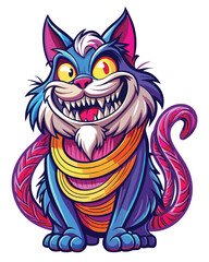 A gleeful cartoon cat with an exaggerated grin, joyfully holding extremely long, thin spaghetti strands.