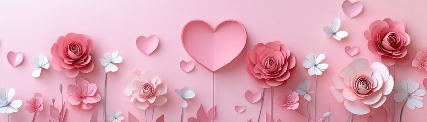 Pink Paper Flowers Hearts and Butterflies Decorate a Background