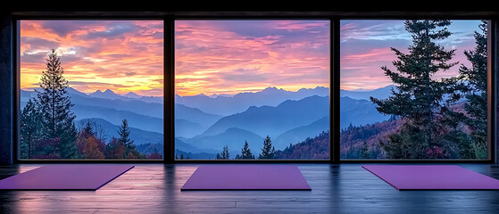 Serene yoga studio with mountain view at sunset