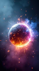 A vibrant, fiery soccer ball bursts with energy against a smoky background, showcasing a dynamic fusion of colors and movement.