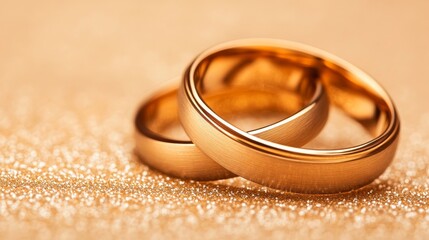 Close-up of two elegant gold wedding rings resting on a shimmering golden surface