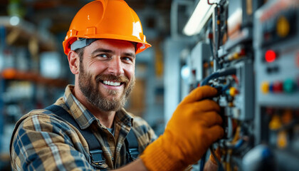 A skilled electrician in safety gear confidently works with wiring in a professional setting.

