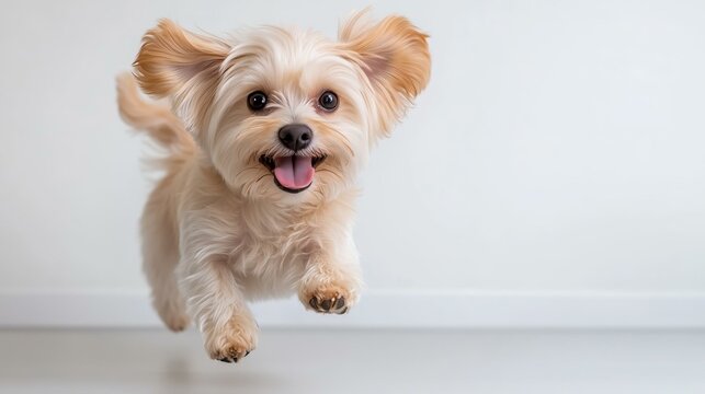 Energetic small dog joyfully leaping indoors