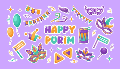 Happy Purim set vibrant vector illustration featuring essential elements like hamentashen, masks, festive garlands, jester hats, and colorful balloons, capturing the joy and fun of the holiday.