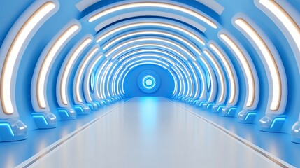 Futuristic Hallway with Curved Blue Walls and Luminous Lighting in a Modern Space