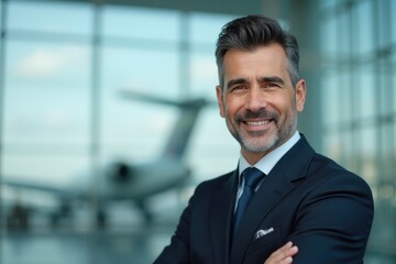 Fototapeta premium Head and shoulders Portrait of an elegant stylish Tajik 50 years old male flight attendant in uniform.