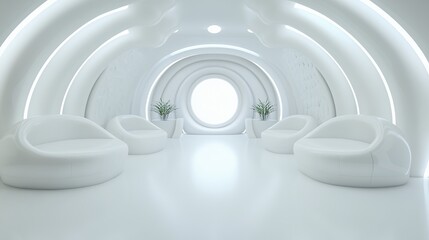 Obraz premium Futuristic Minimalist Interior with Smooth White Seating and Rounded Architecture in Bright Environment