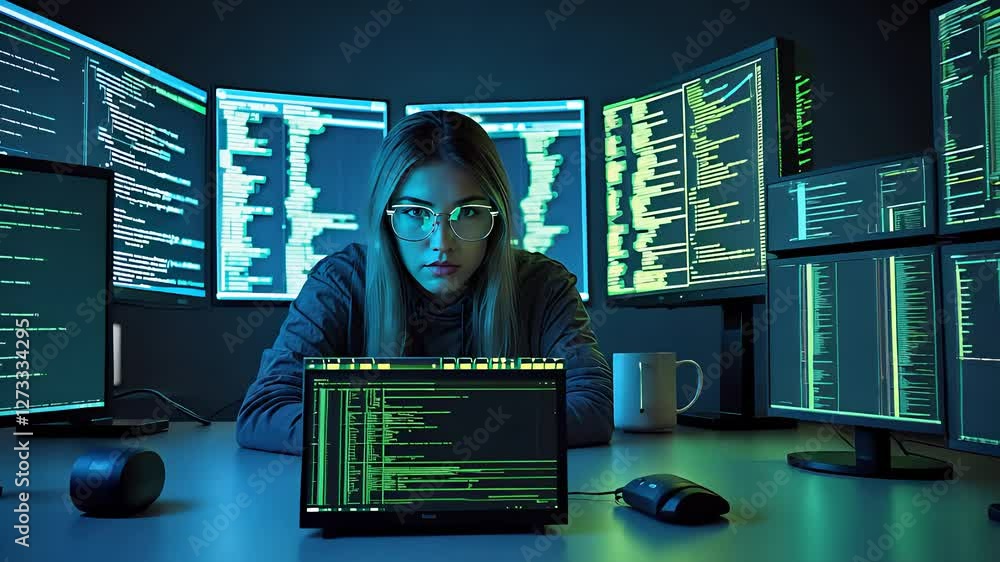 Poster female cybersecurity expert analyzing code on multiple screens in a dark high-tech room with green d