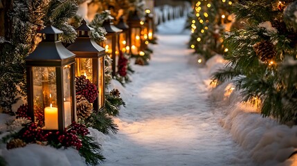 Lanterns lined along a snowy pathway decorated with holly and pinecones warm glowing lights