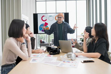 Businessman, Asian man and woman The meeting was tense. Brainstorm and talk about analysis, innovation, and collaboration. online business Modern sales techniques and strategic planning