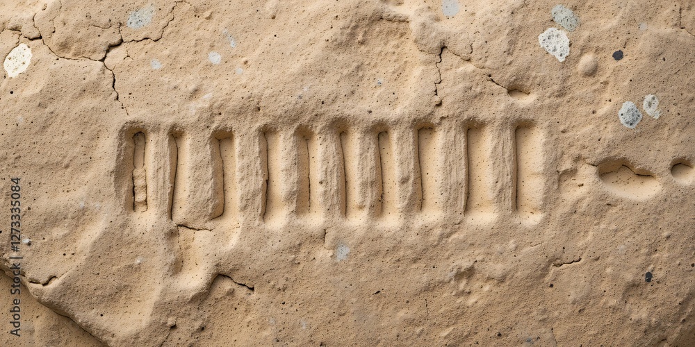 Poster sandy rock surface texture. close up of beige sandstone with parallel grooves. natural markings on s