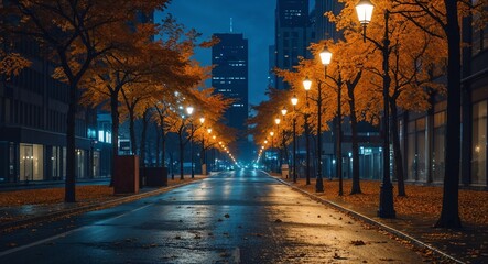 Isolated city street at night in fall with lampposts flickering