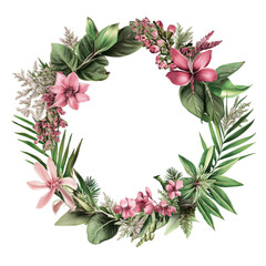 Fototapeta premium Floral Wreath Abstract Art Botanical Design Pink Flowers Green Leaves