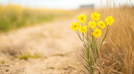Obraz premium A vibrant cluster of yellow flowers stands out against a blurred, natural background of golden grasses, evoking feelings of tranquility and beauty