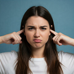Fototapeta premium covers his ears with his fingers. emotion