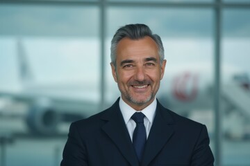 Obraz premium Head and shoulders Portrait of an elegant stylish Turkish 50 years old male flight attendant in uniform.