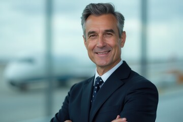 Naklejka premium Head and shoulders Portrait of an elegant stylish Turkmen 50 years old male flight attendant in uniform.