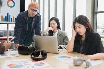 Businessman, Asian man and woman The meeting was tense. Brainstorm and talk about analysis, innovation, and collaboration. online business Modern sales techniques and strategic planning