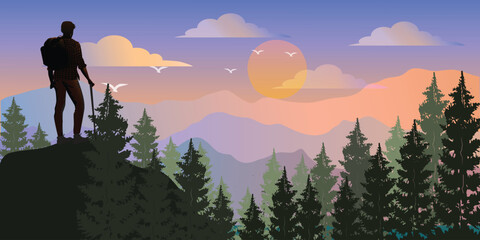 Backpacker on mountain top. Male person with backpack standing on top looking at view over horizon, mountain range and sunset or  sunrise. Vector