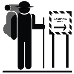 hiker with backpack vector icon looking at Sign to the camping zone. sign symbol