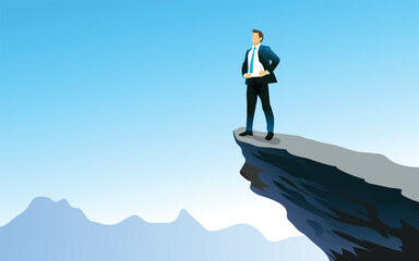 young businessman standing at the top  big rock. vector