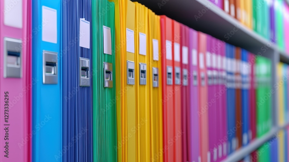 Poster a colorful array of file folders neatly arranged on a shelf, showcasing organization and categorizat