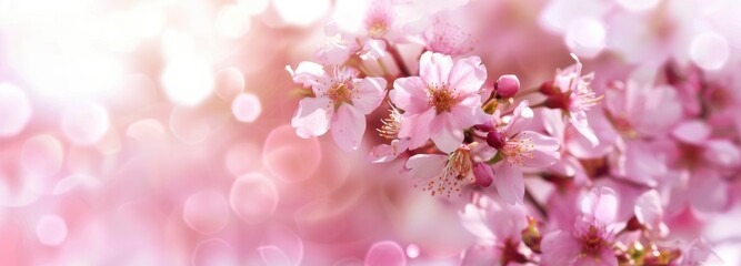 Fototapeta premium Pink cherry flowers on pink blurred backgrond. Amazing close-up of spring blossom. Perfect romantic lovely scene arousing happiness. Business advertisement materials. with copy space